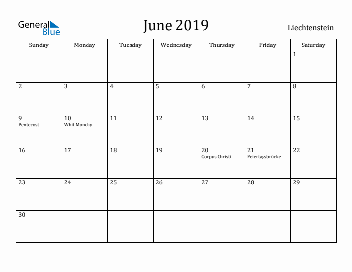 June 2019 Calendar Liechtenstein