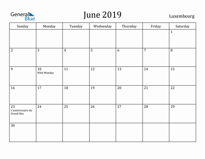 June 2019 Calendar Luxembourg