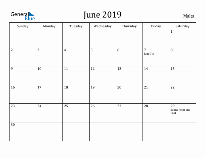 June 2019 Calendar Malta