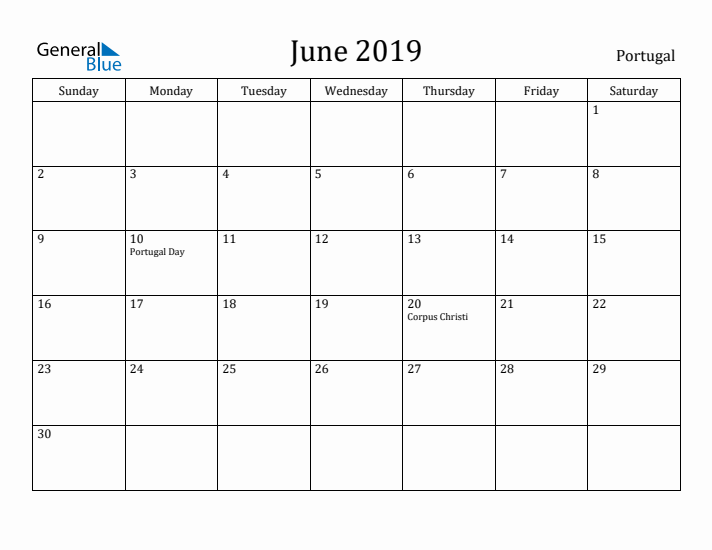 June 2019 Calendar Portugal