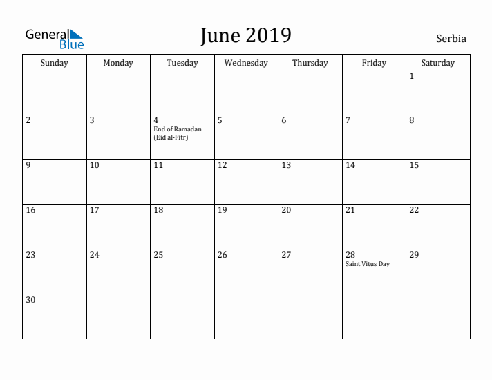 June 2019 Calendar Serbia