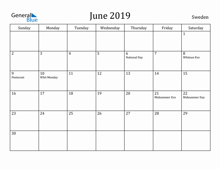 June 2019 Calendar Sweden