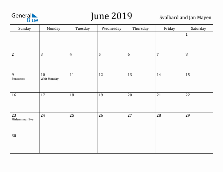 June 2019 Calendar Svalbard and Jan Mayen