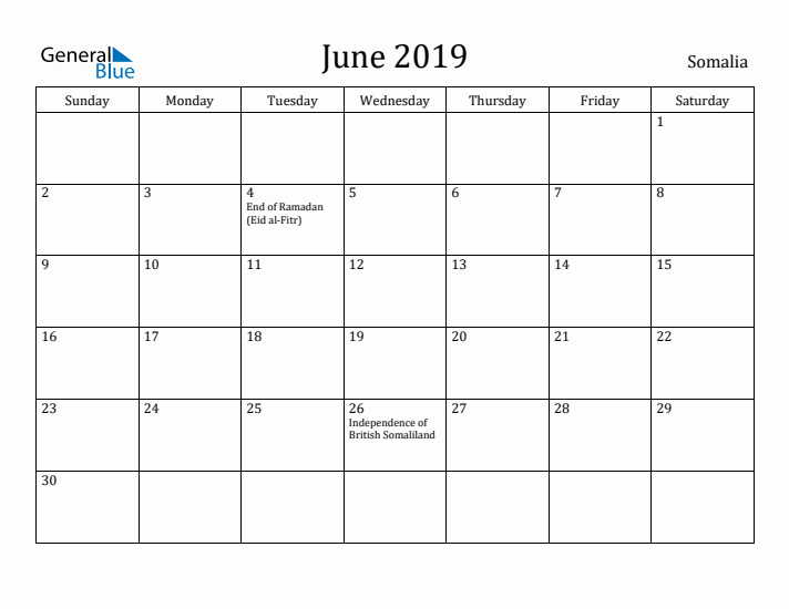 June 2019 Calendar Somalia