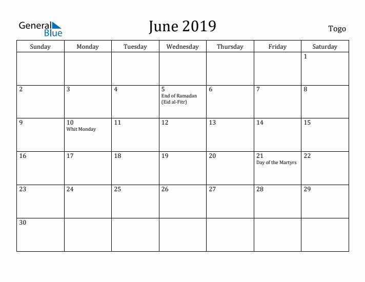 June 2019 Calendar Togo