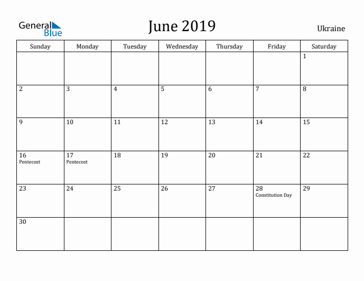 June 2019 Calendar Ukraine