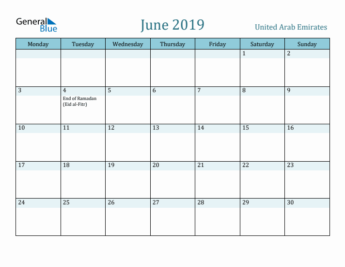 June 2019 Calendar with Holidays