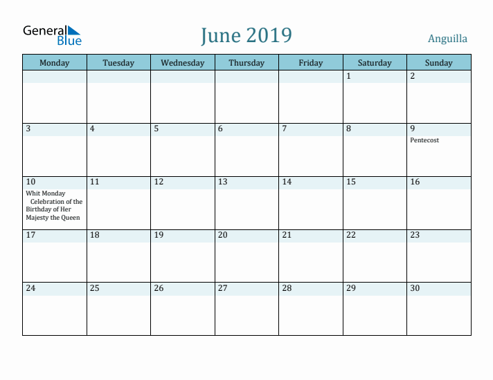 June 2019 Calendar with Holidays