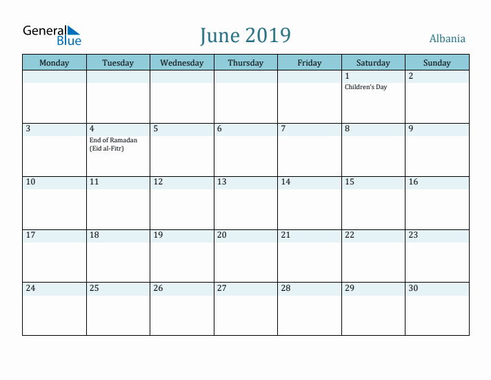 June 2019 Calendar with Holidays