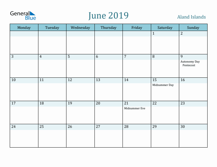 June 2019 Calendar with Holidays