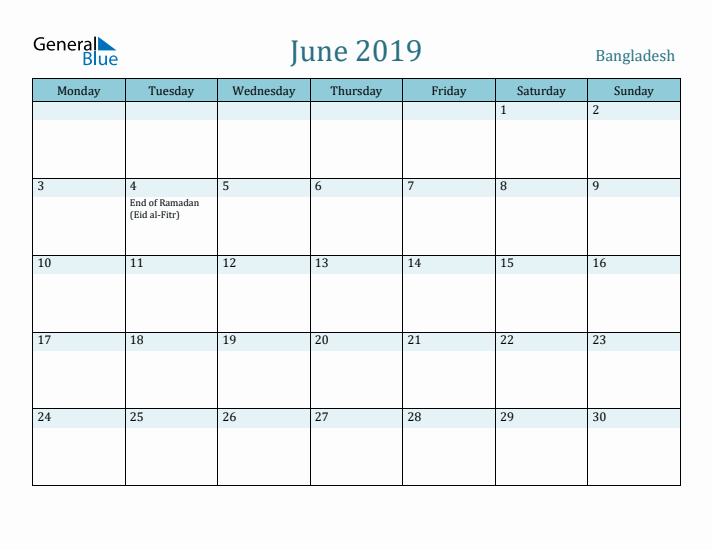 June 2019 Calendar with Holidays