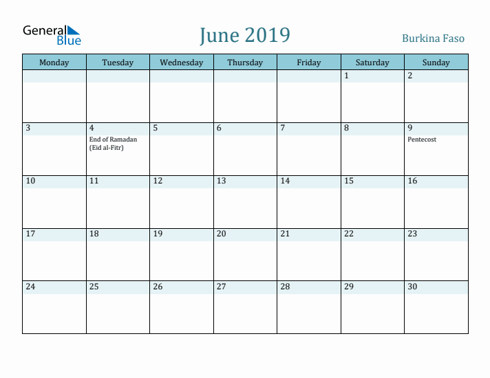 June 2019 Calendar with Holidays