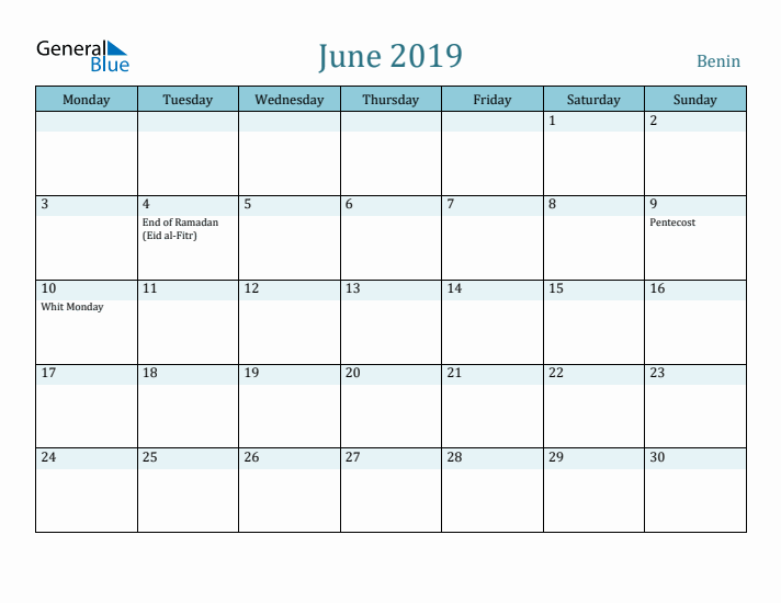 June 2019 Calendar with Holidays