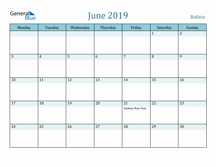 June 2019 Calendar with Holidays