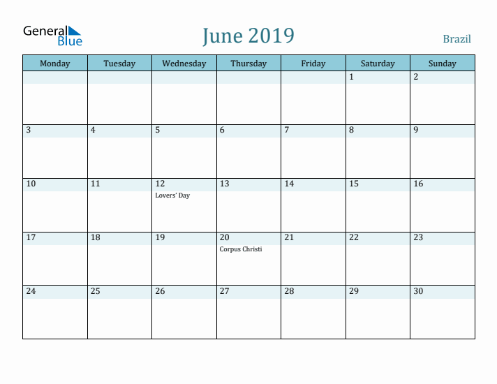 June 2019 Calendar with Holidays