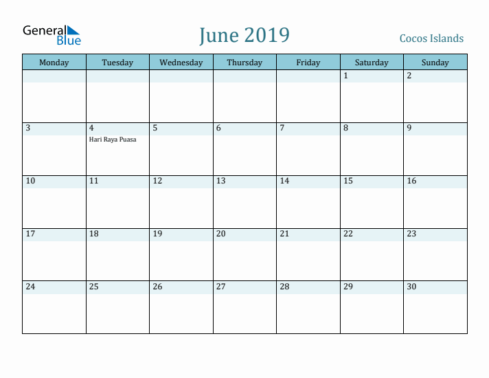 June 2019 Calendar with Holidays