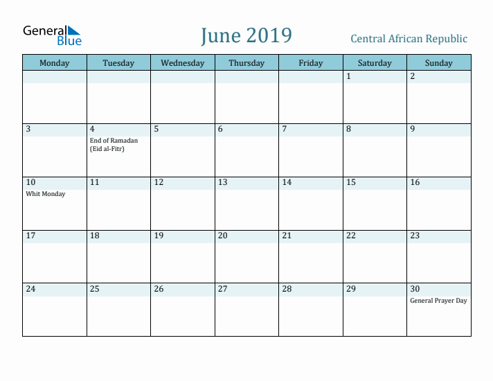 June 2019 Calendar with Holidays