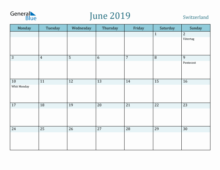 June 2019 Calendar with Holidays