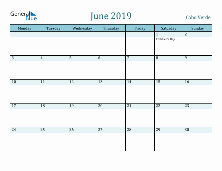 June 2019 Calendar with Holidays