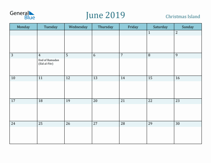 June 2019 Calendar with Holidays