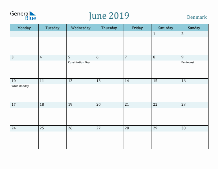 June 2019 Calendar with Holidays