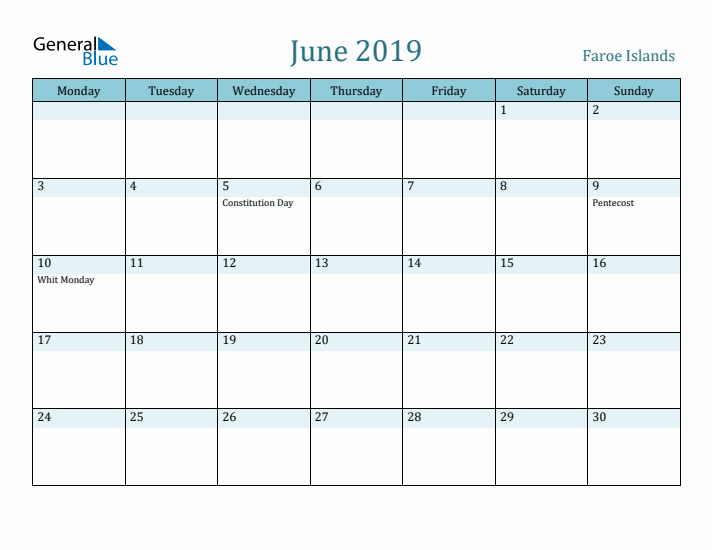 June 2019 Calendar with Holidays