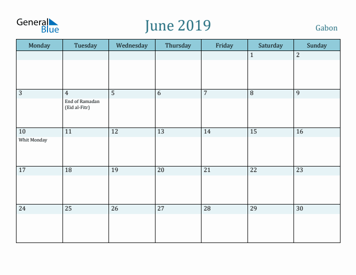 June 2019 Calendar with Holidays