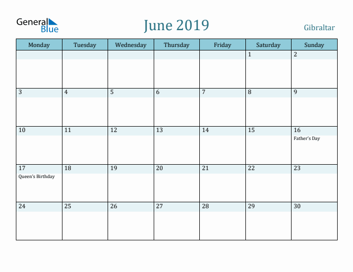 June 2019 Calendar with Holidays