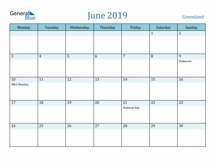 June 2019 Calendar with Holidays