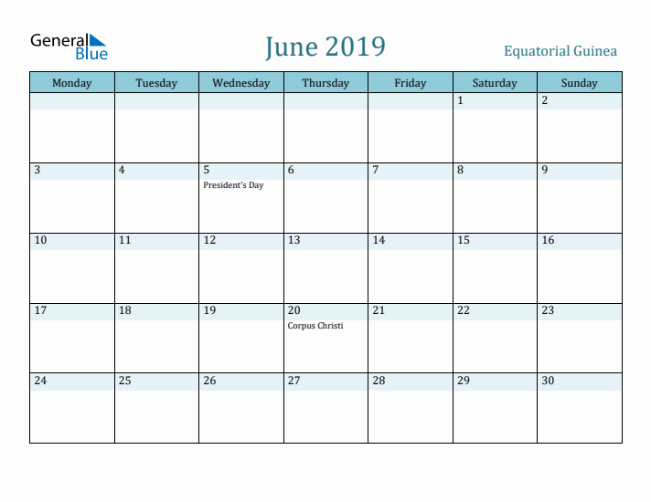 June 2019 Calendar with Holidays