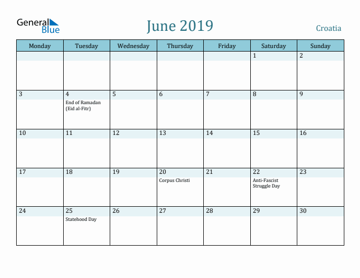 June 2019 Calendar with Holidays