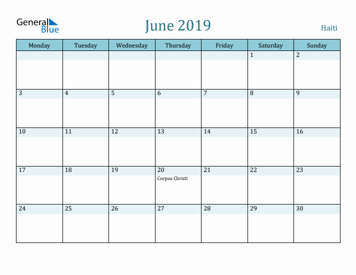 June 2019 Calendar with Holidays