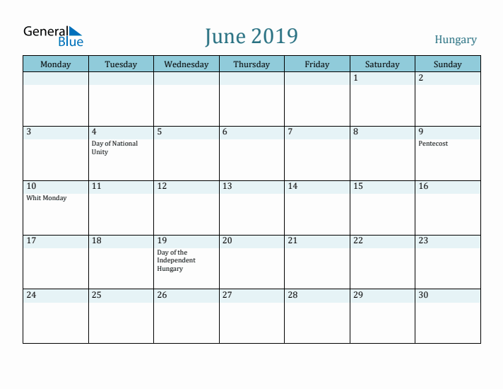 June 2019 Calendar with Holidays