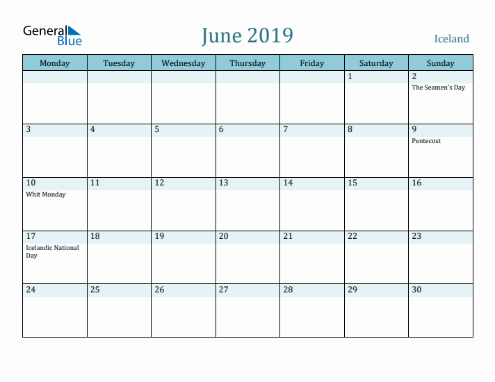 June 2019 Calendar with Holidays