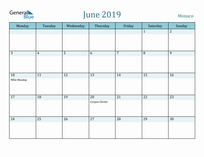 June 2019 Calendar with Holidays