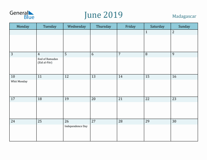 June 2019 Calendar with Holidays