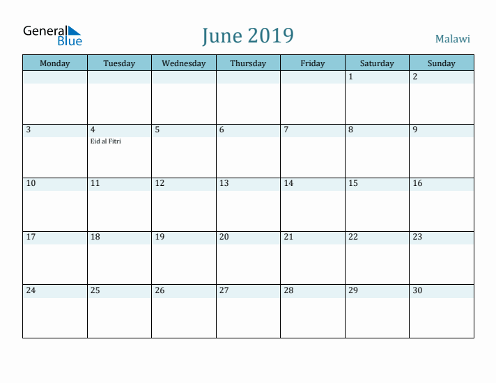 June 2019 Calendar with Holidays