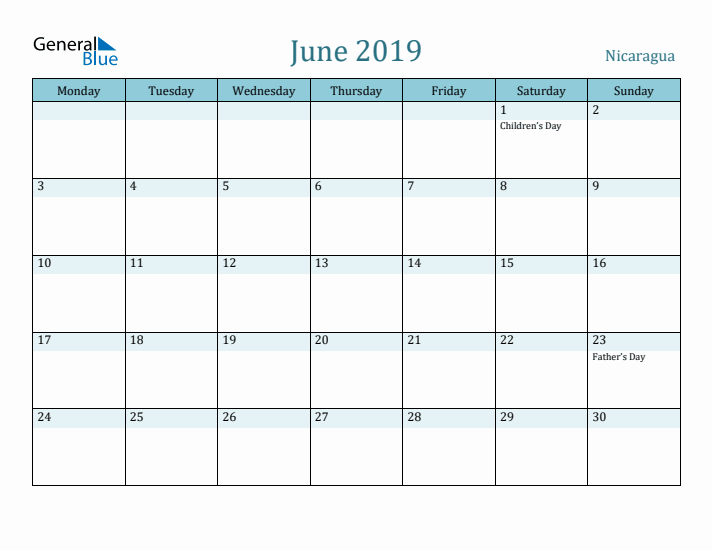 June 2019 Calendar with Holidays