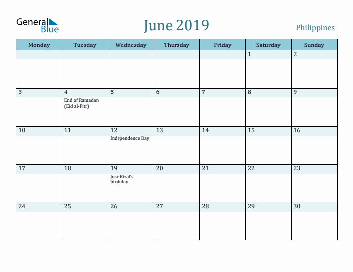 June 2019 Calendar with Holidays