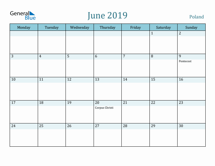 June 2019 Calendar with Holidays