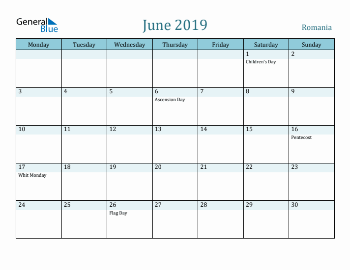 June 2019 Calendar with Holidays