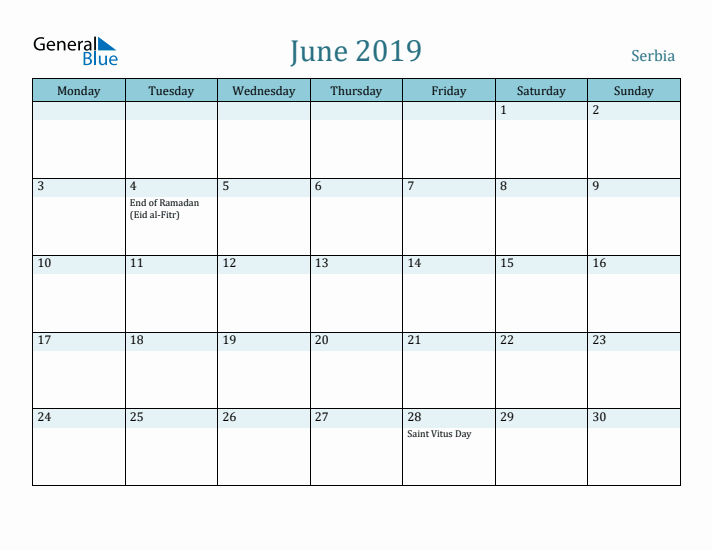 June 2019 Calendar with Holidays