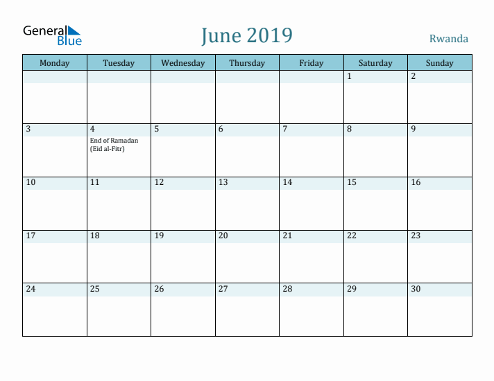 June 2019 Calendar with Holidays