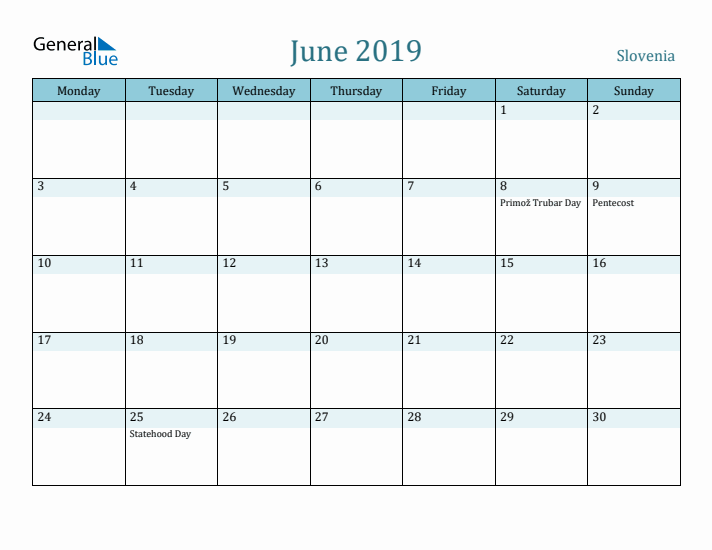 June 2019 Calendar with Holidays