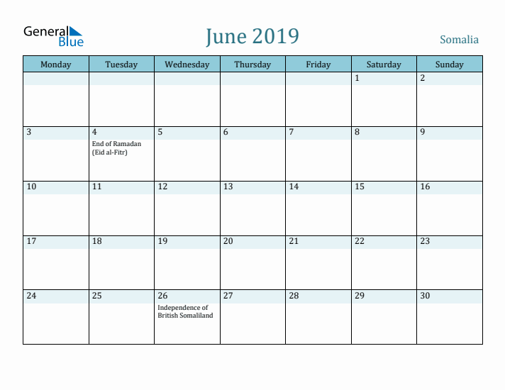 June 2019 Calendar with Holidays