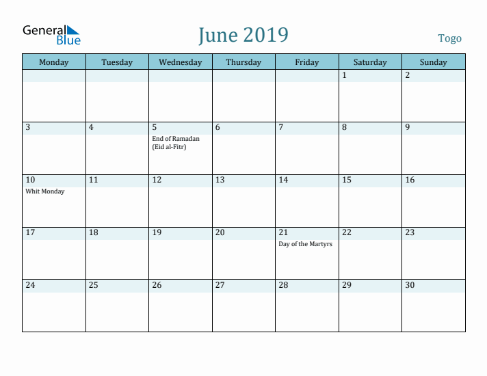 June 2019 Calendar with Holidays