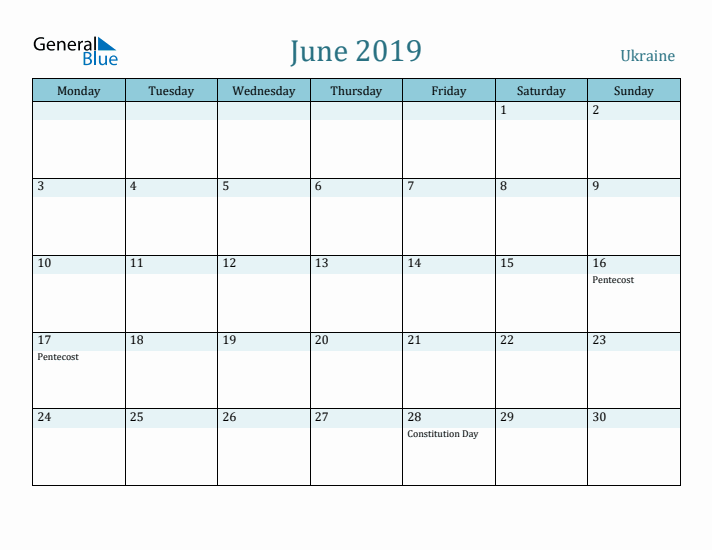 June 2019 Calendar with Holidays