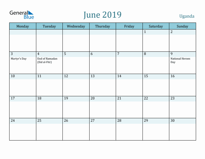 June 2019 Calendar with Holidays