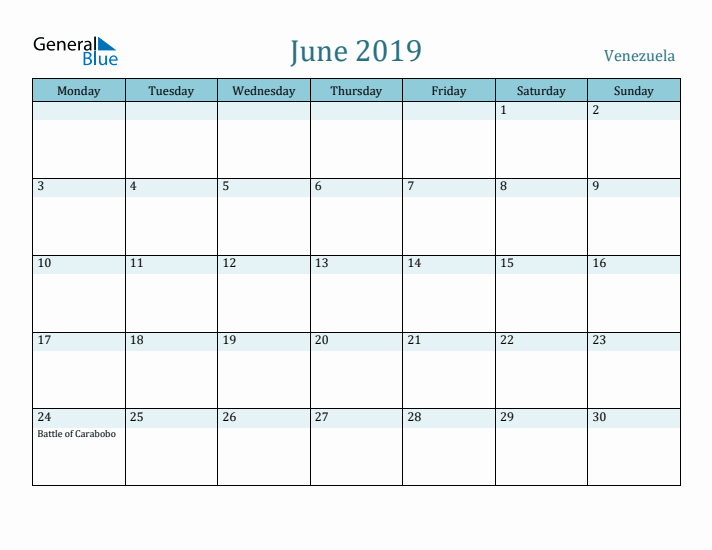 June 2019 Calendar with Holidays