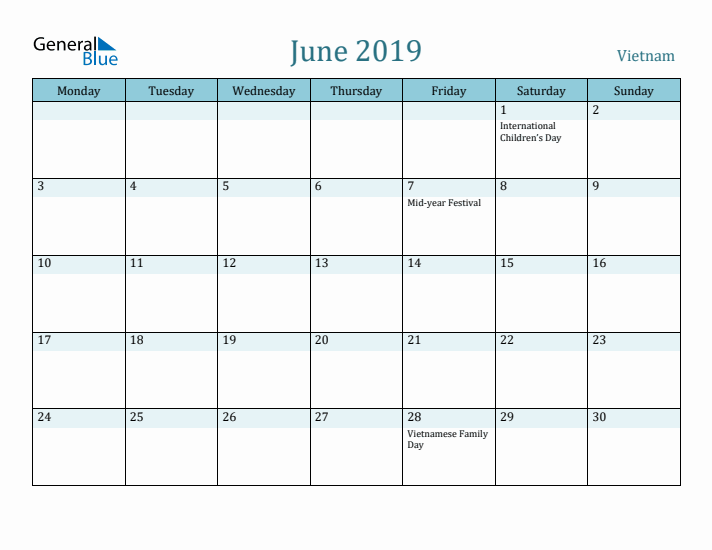 June 2019 Calendar with Holidays